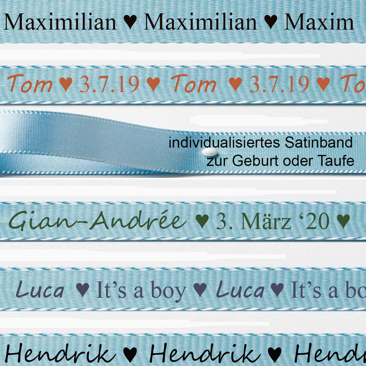 Individualsiertes Taufband - Satinband hellblau: 15mm breit / 25m-Rolle