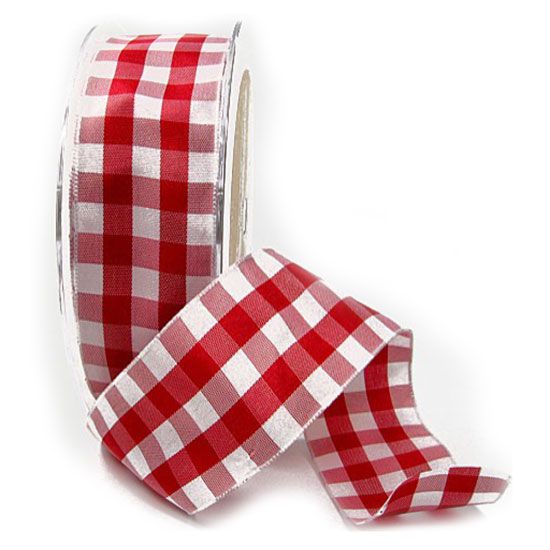 270538042 Karoband, rot-weiß: 38mm breit / 25m-Rolle, mit Drahtkante