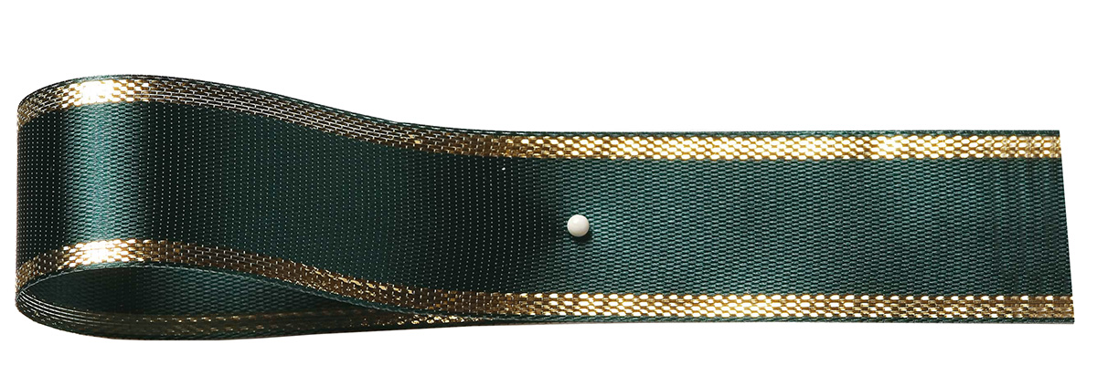 Satinband-EASY, tannengrün-gold: 10mm breit / 25m-Rolle, mit Lurex-Gold-Kante.