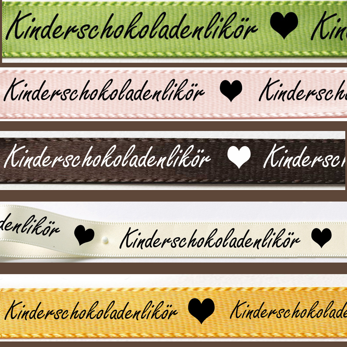 UEbersicht-Kinderschokoladenlikoer Likörband Kinderschokolade: 15mm breit / 5m-Strängchen