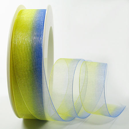 1250225007 RAINBOW-Organzaband: 25mm breit / 25m-Rolle, gelb-blau.