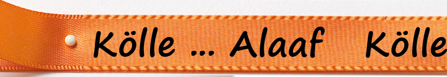 Karnevals-Satinband Kölle...Alaaf: 15mm breit / 25m-Rolle: orange mit schwarzer Schrift