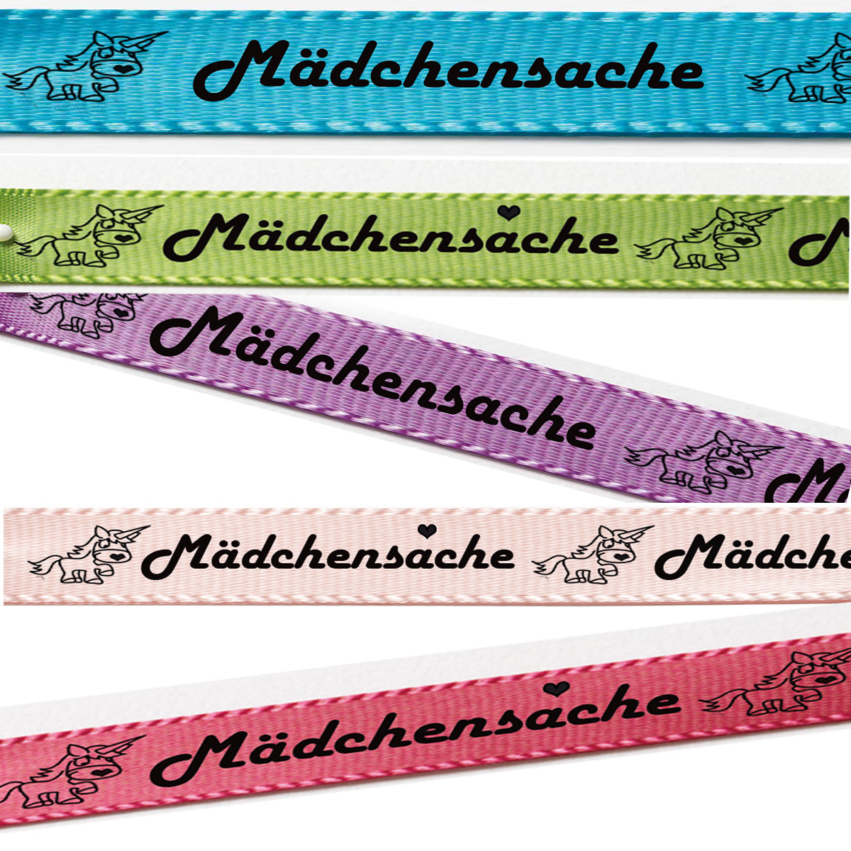 Maedchensache-UEbersicht Satinband "Mädchensache": 15mm breit / 25m Rolle - Farbauswahl