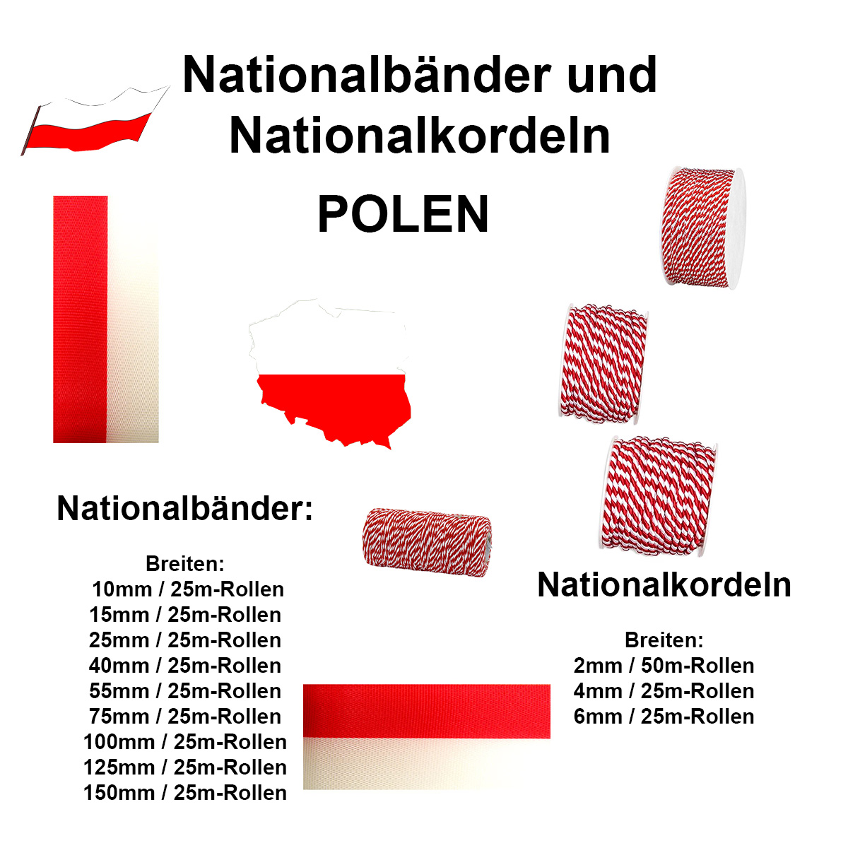 Nationalbänder und Nationalkordeln POLEN: verschiedene Breiten und Längen