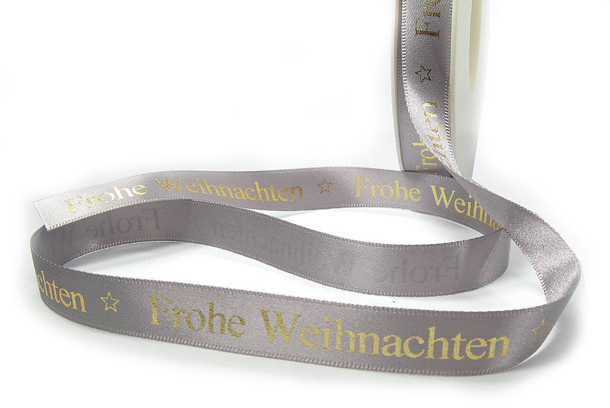 Weihnachtsband-Satin-15mm breit/25m Rolle, silbergrau, gold-hochglanz