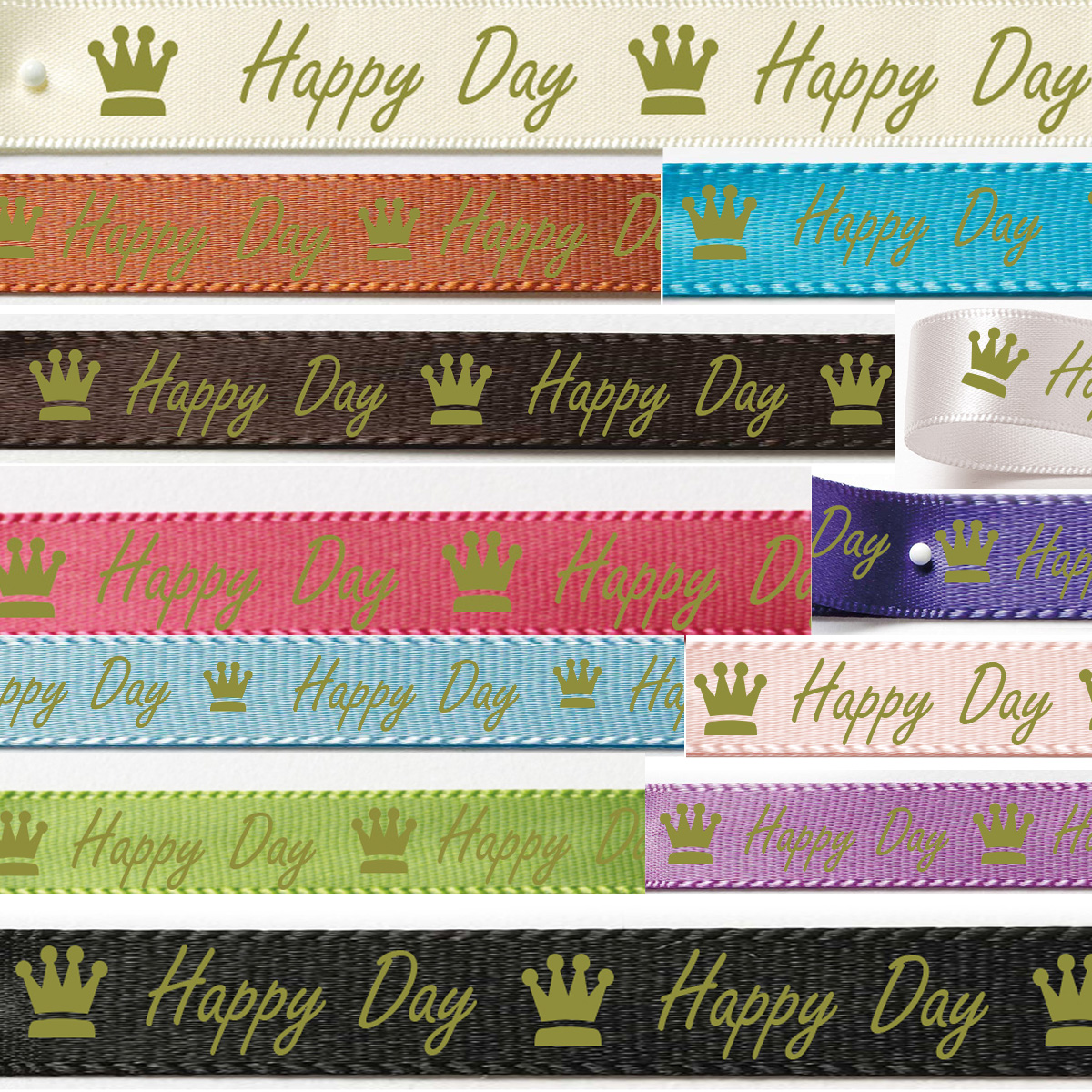 Satinband "Happy Day": 15mm breit / 25m-Rolle - verschiedene Farben