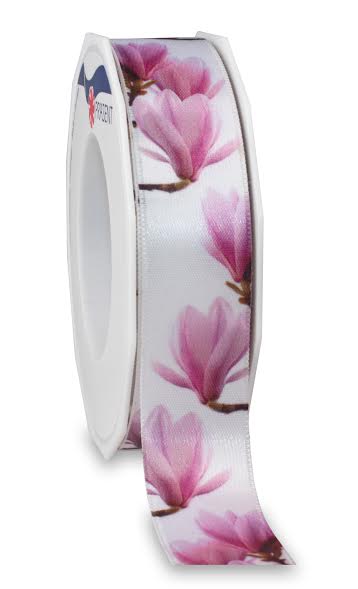Dekorband MAGNOLIE: 25mm breit/ 20m-Rolle, weiß 601.