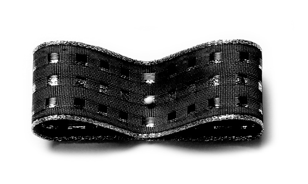 1512025050-1 Dekorband-GLAMOUR, schwarz-silber: 25mm breit oder 38mm breit / 25m-Rolle, mit Drahtkante