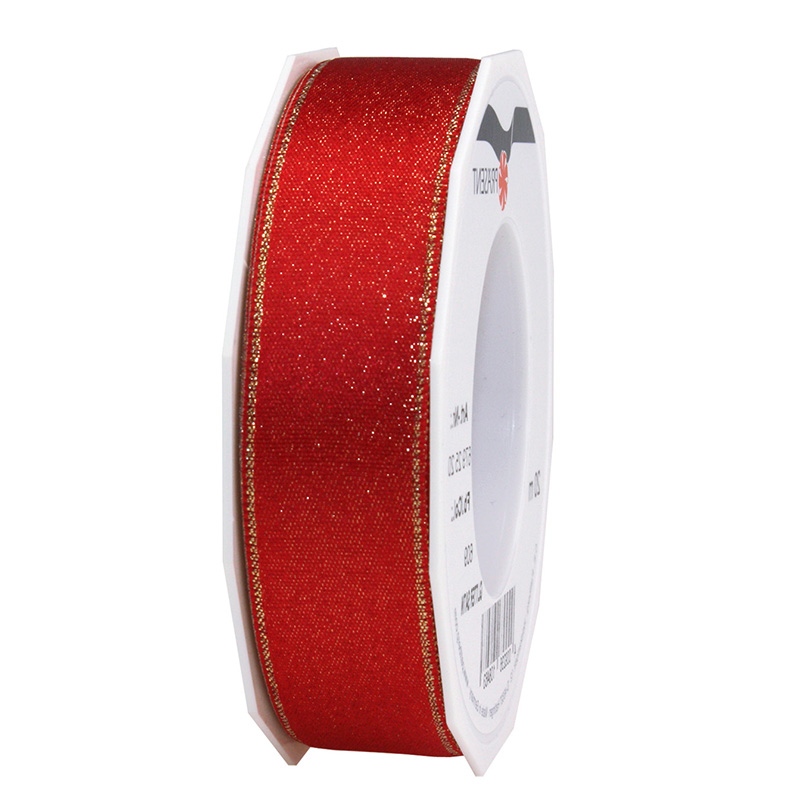 GLITTER-Satinband: 25mm breit / 20m-Rolle, rot mit Gold-Glitzer