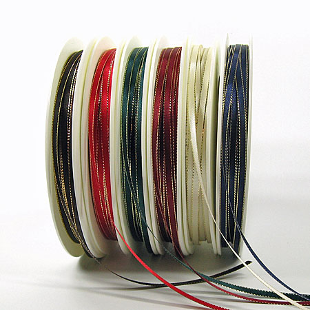 Satinbänder mit feiner Lurex-Goldkante: 3mm breit / 50m-Rollen