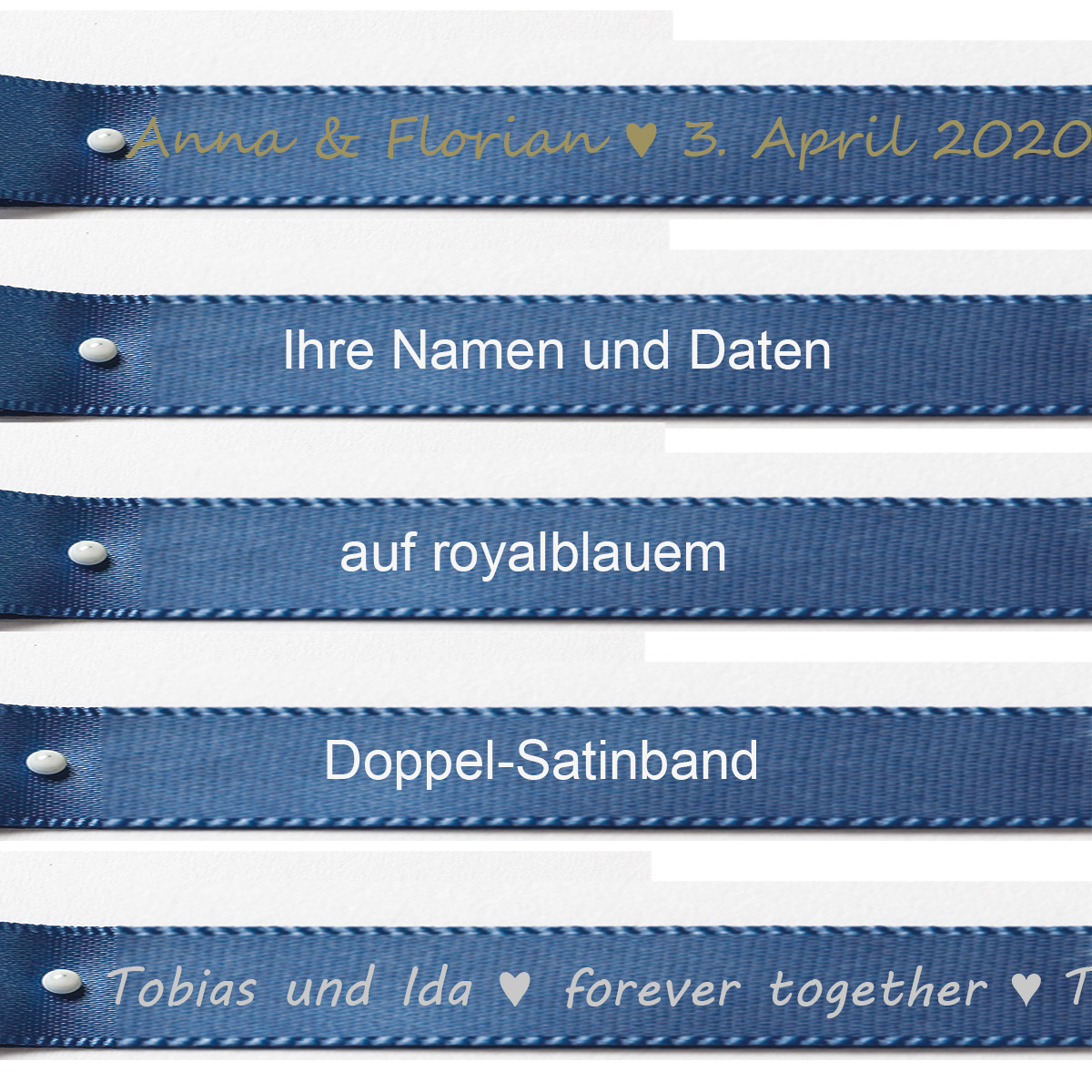 Ihre Namen und Daten auf royalblauem Satinband: 15mm breit / 25m-Rolle