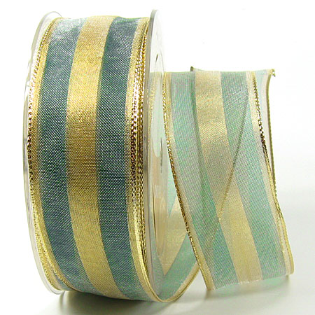 1531238039 Organzaband-Fine: Grün-Gold, mit Draht, 25m-Rolle -38mm breit