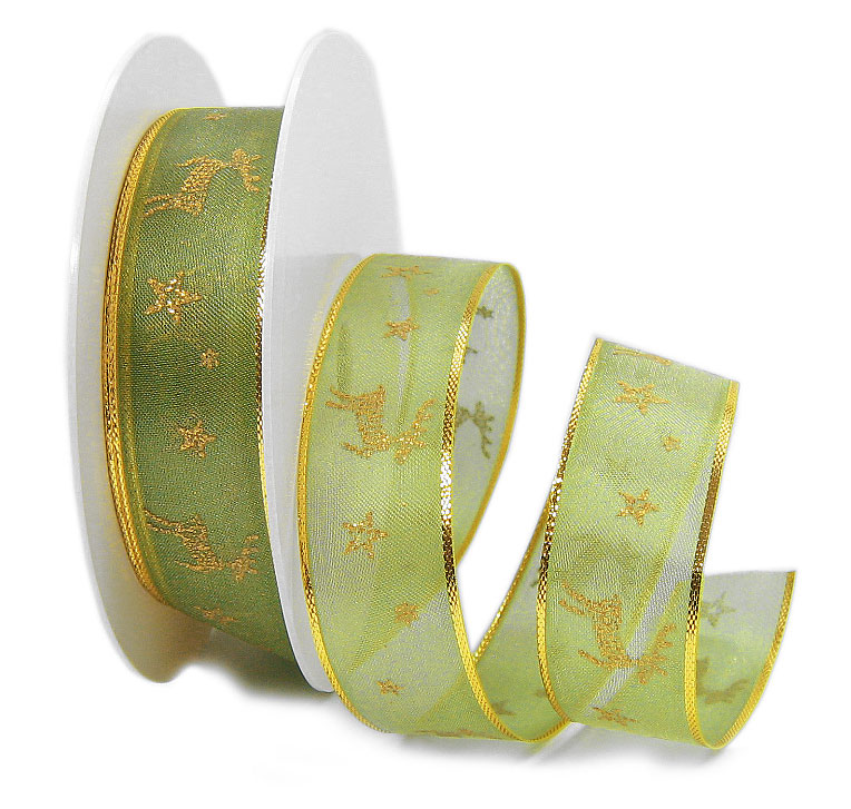 84372557 RENTIER-Organzaband, 25mm breit / 25m-Rolle, grün-gold