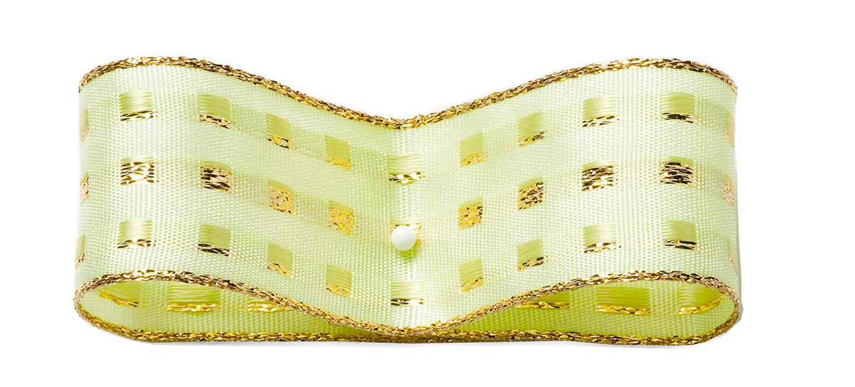1512025113-1 Dekorband-GLAMOUR, hellgrün-gold: 25mm breit oder 38mm breit / 25m-Rolle, mit Drahtkant