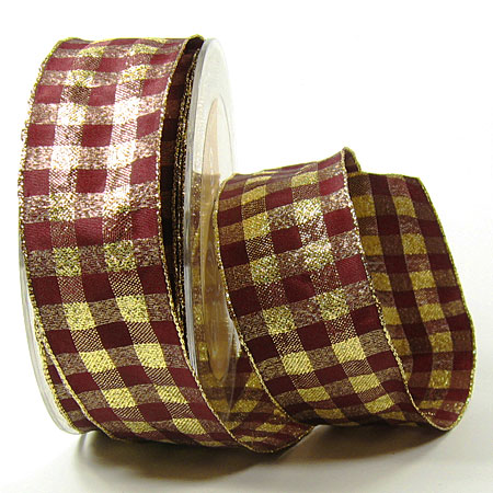 1560038043 Karoband, weinrot-gold: 38mm breit / 25m-Rolle, mit Drahtkante