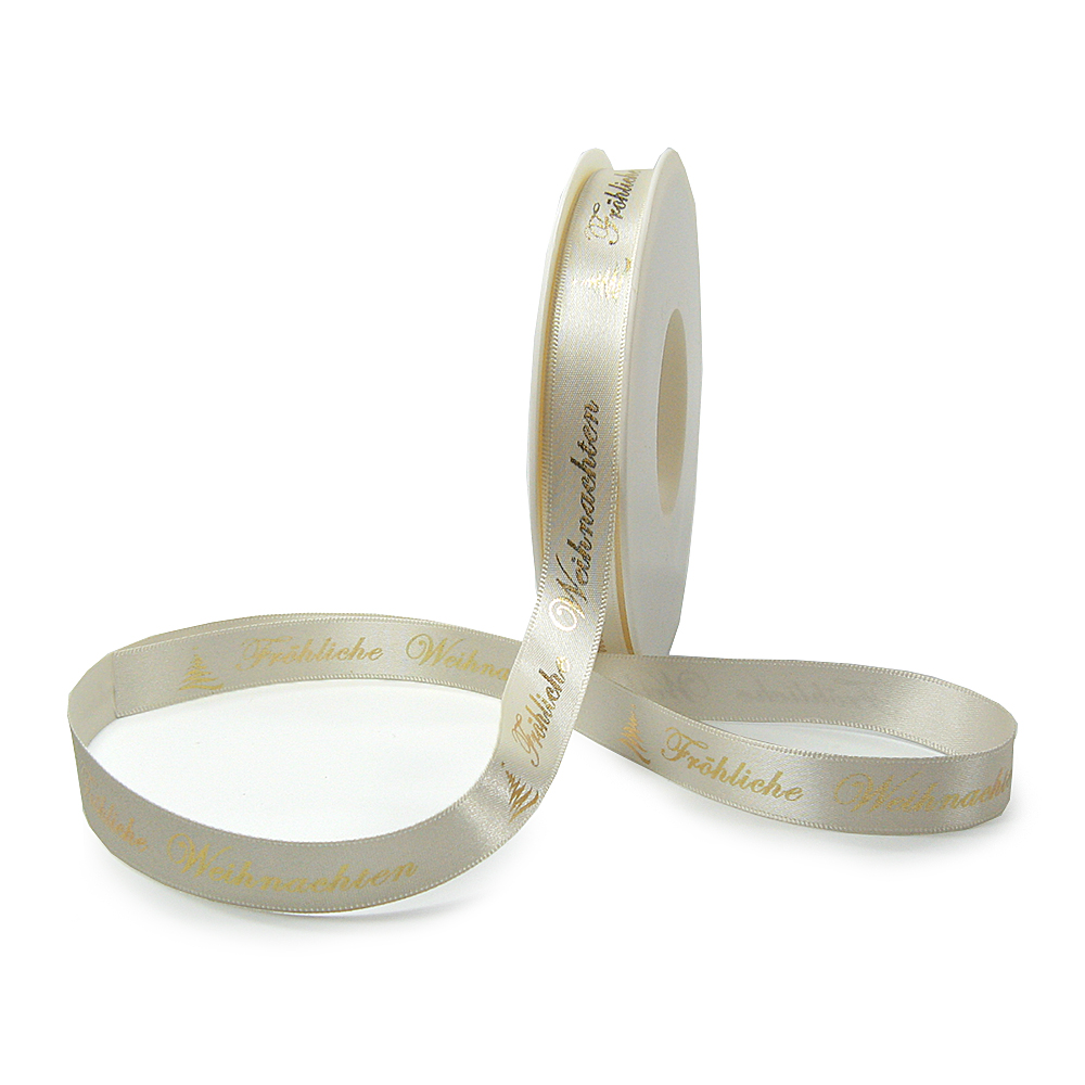 Weihnachtsband-Satin-15mm breit/25m Rolle, creme gold-hochglanz