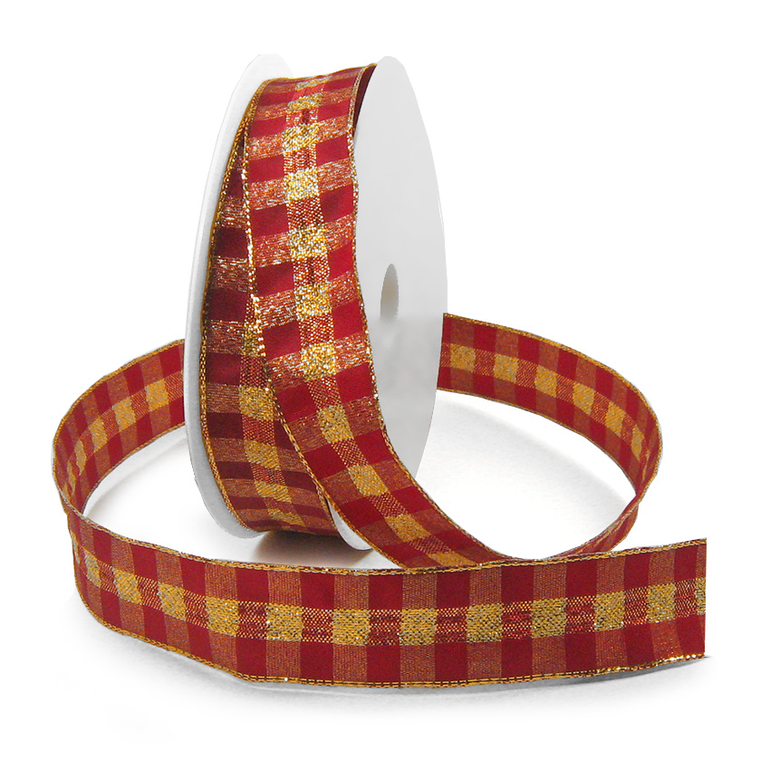 1560025042 Karoband, rot-gold: 25mm breit / 25m-Rolle, mit Drahtkante