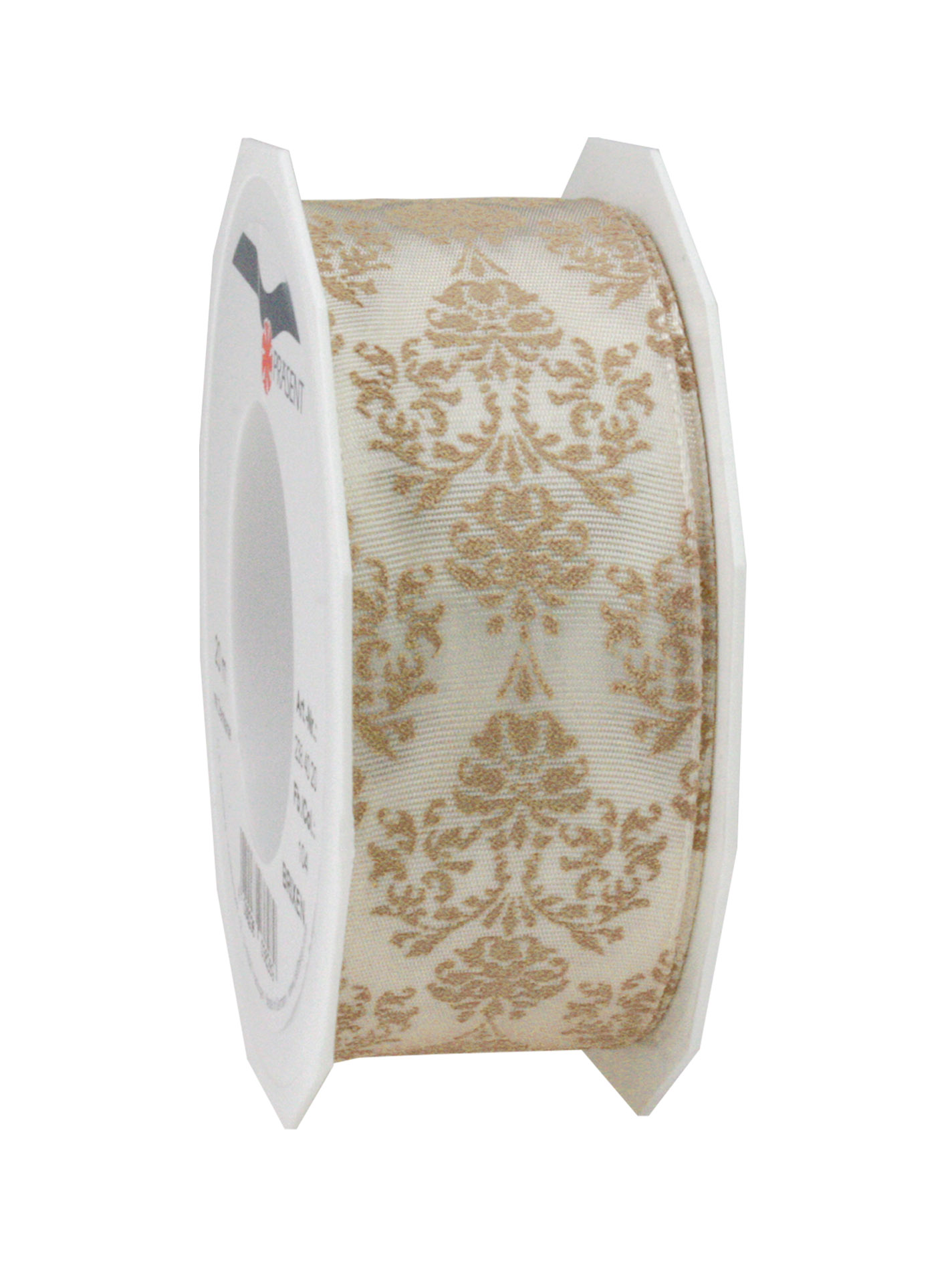 Brixen creme mit goldener Ornamentbeflockung: 40mm breit / 20m-Rolle mit Drahtkante