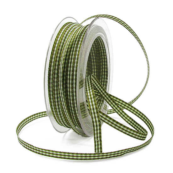 landhauskaro-6mm-moosgruen Landhaus-Karoband, moosgrün-weiss: 6mm breit / 25m-Rolle