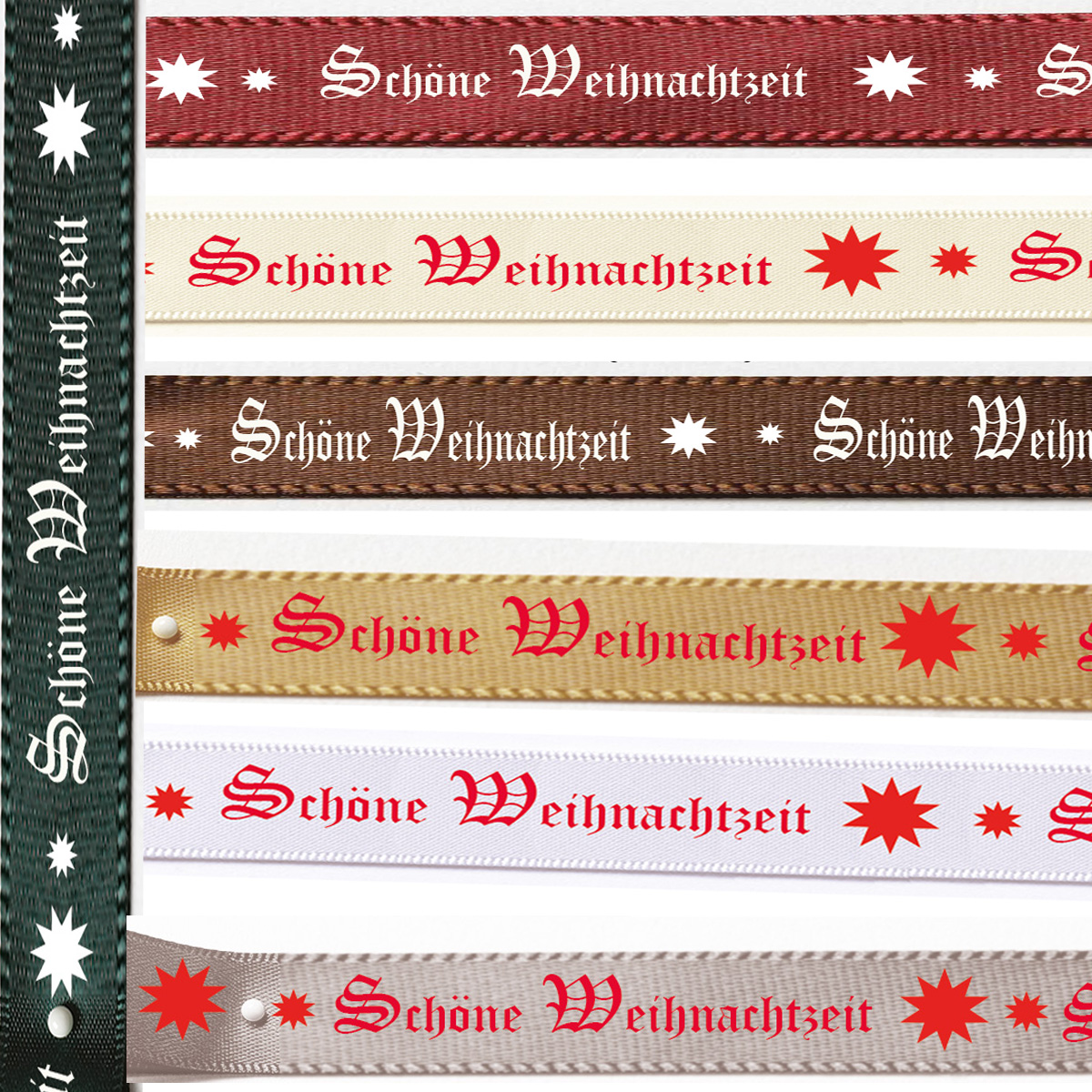 Weihnachtsband "Schöne Weihnachtszeit"- Satin: 15mm breit / 25m Rolle - Farbauswahl