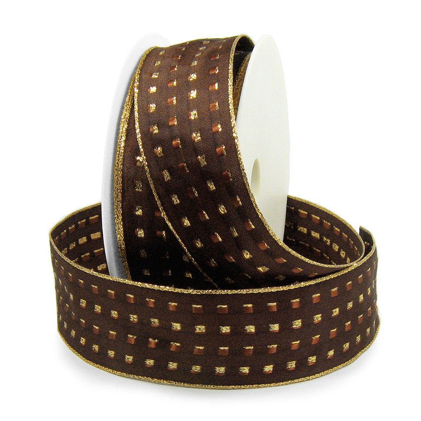 1512038163 Dekorband-GLAMOUR, dunkelbraun-gold: 38mm breit / 25m-Rolle, mit Drahtkante
