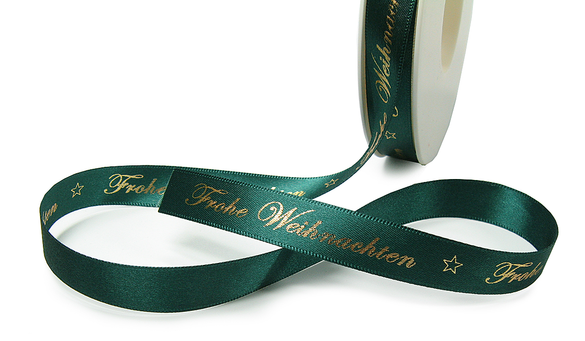 Weihnachtsband-Satin-15mm breit/25m Rolle, tannengrün, gold-hochglanz