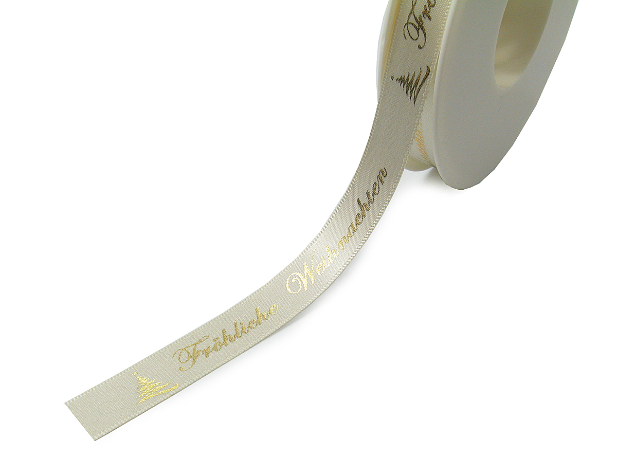 Weihnachtsband-Satin-15mm breit/25m Rolle, creme gold-hochglanz