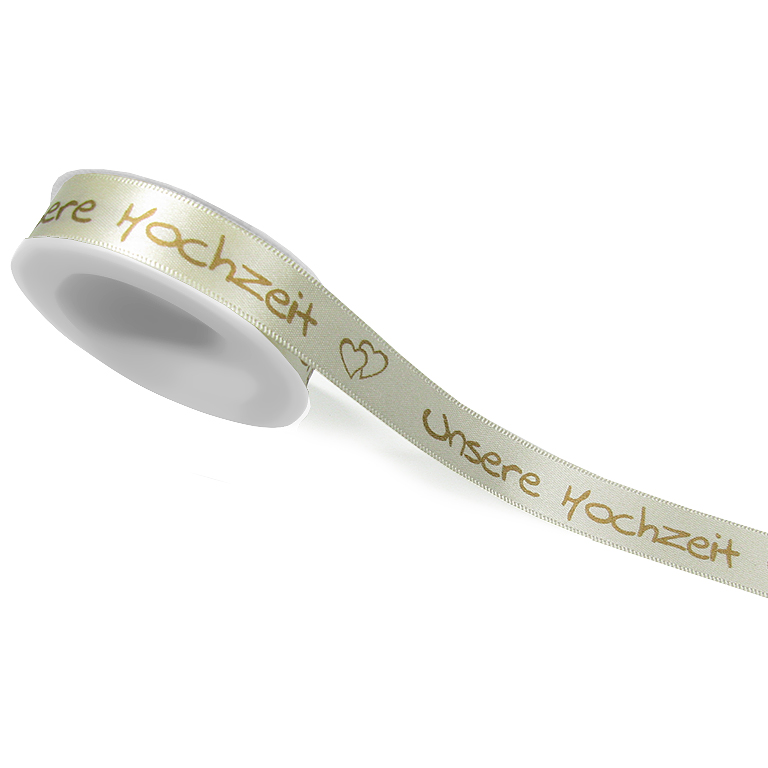 Beispiel individuell bedrucktes Band, Satinband creme 15mm mit goldener Schrift