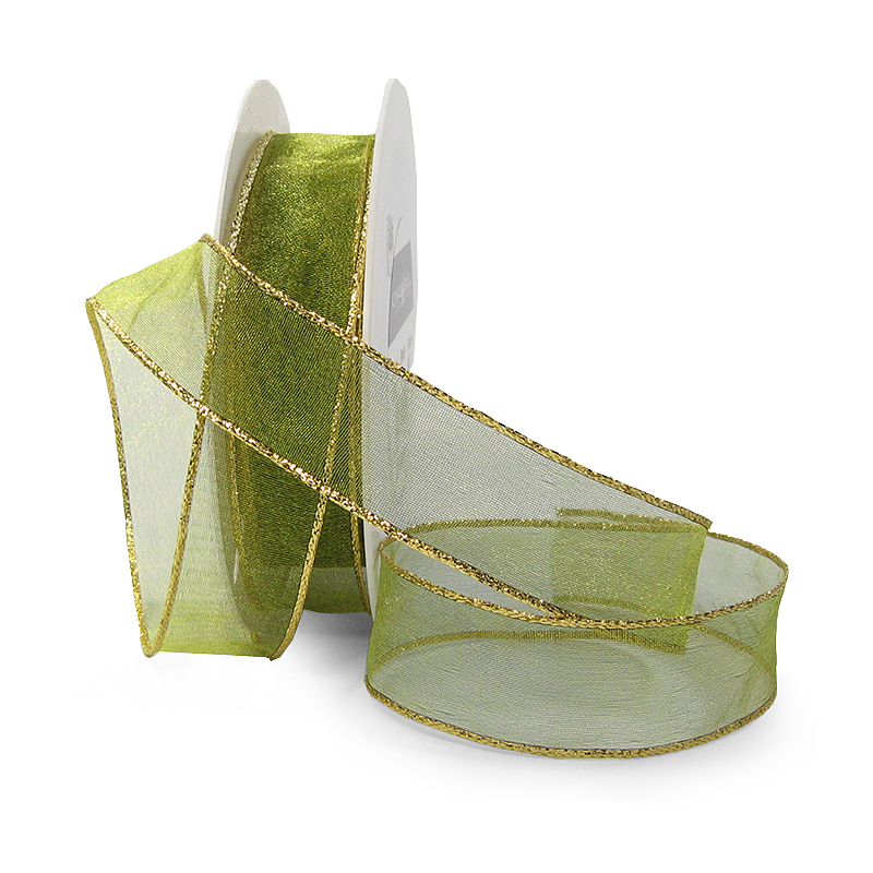 25mm-gruen-organza Organzaband mit LUREX-Drahtkante, 25mm breit / 25m-Rolle, lindgrün-gold.