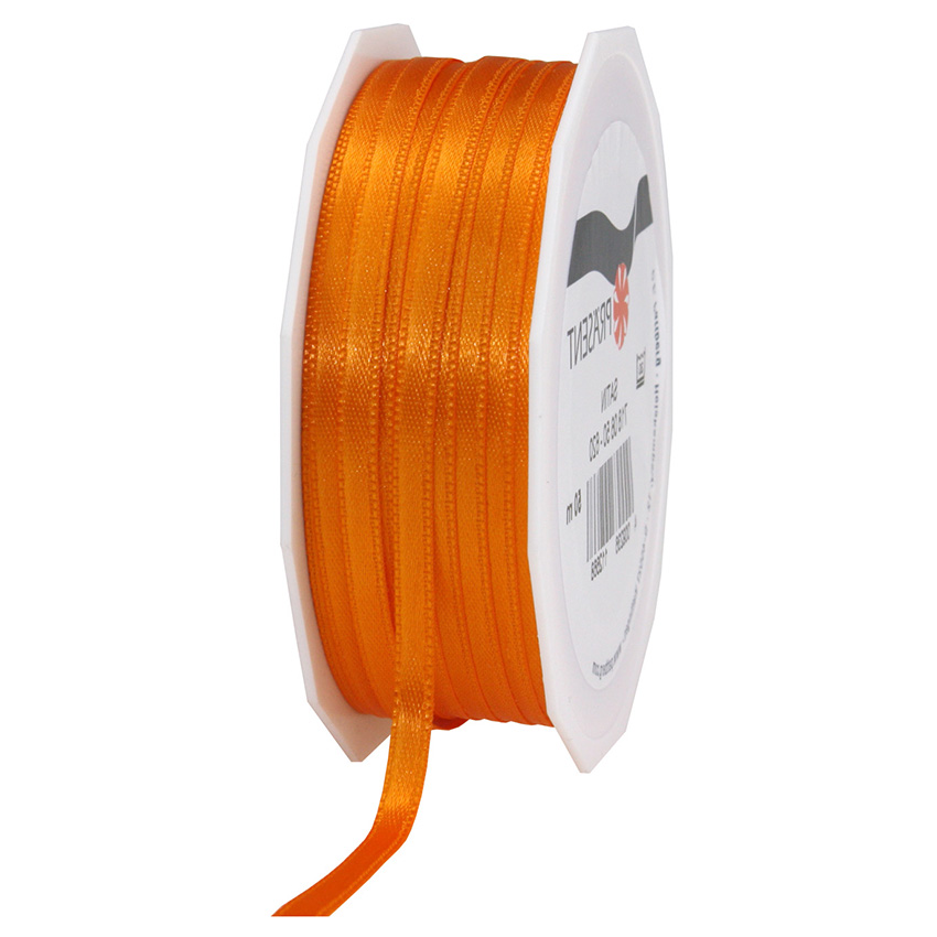 Satinband-PRÄSENT, orange: 6mm breit / 50m-Rolle, mit feiner Webkante.