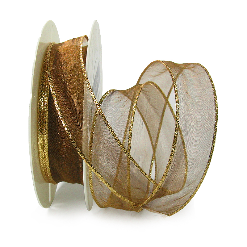 25mm-braun-organza Organzaband mit LUREX-Drahtkante, 25mm breit / 25m-Rolle, braun-gold